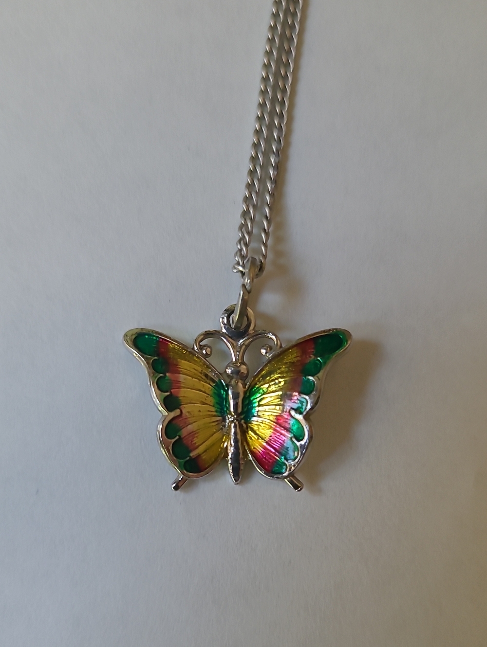 Vintage Sterling Silver(925) Butterfly Enamel Pendant Necklace - Multicolor